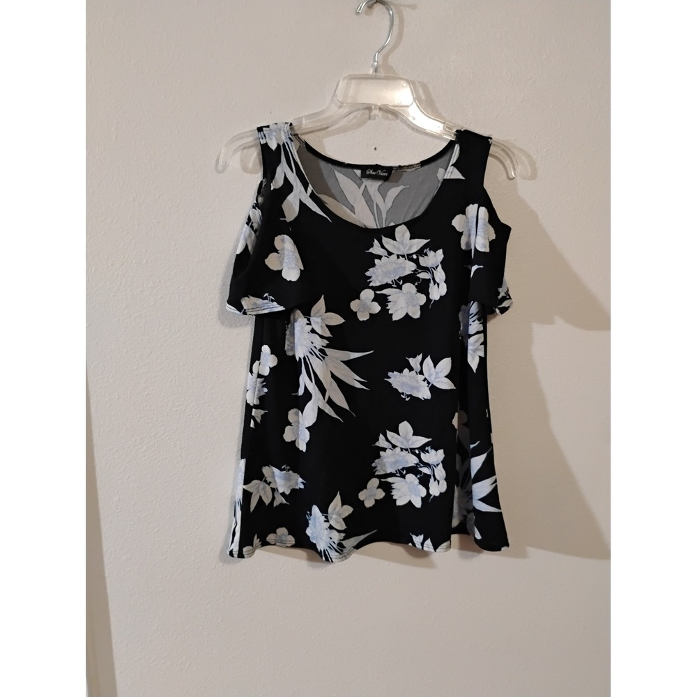 Star Vixen Womens Cold Shoulder Floral Blouse Black White Blue XL Made in USA